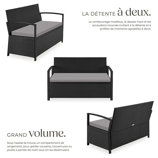 TECTAKE - 2 Places banc de jardin résistant aux intempéries 128 x 56 x 77,5 cm capacité de rangement 160 l avec housse de protection noir - large