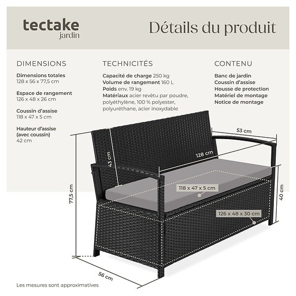 TECTAKE - 2 Places banc de jardin résistant aux intempéries 128 x 56 x 77,5 cm capacité de rangement 160 l avec housse de protection noir - large
