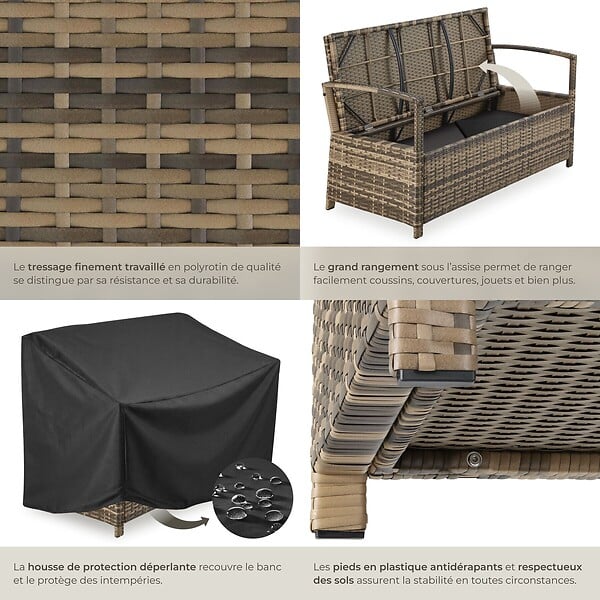 TECTAKE - 2 Places banc de jardin résistant aux intempéries marron naturel 128 x 56 x 77,5 cm capacité de rangement 160 l avec housse de protection - large