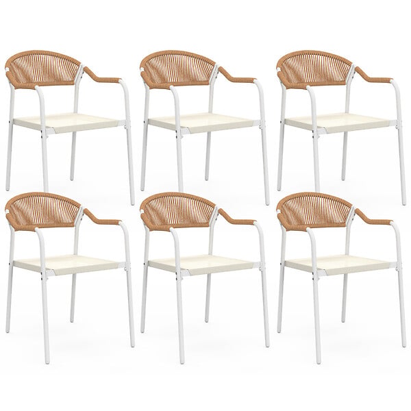 ID MARKET - Lot de 6 chaises de jardin MADEIRA métal blanc cordage et textilène beige et rotin clair - large