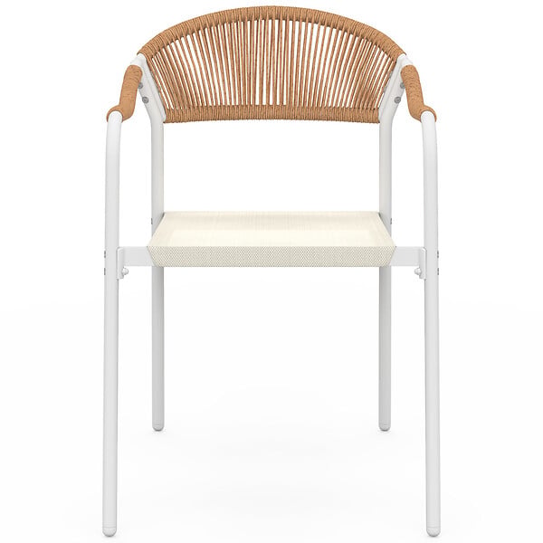ID MARKET - Lot de 6 chaises de jardin MADEIRA métal blanc cordage et textilène beige et rotin clair - large