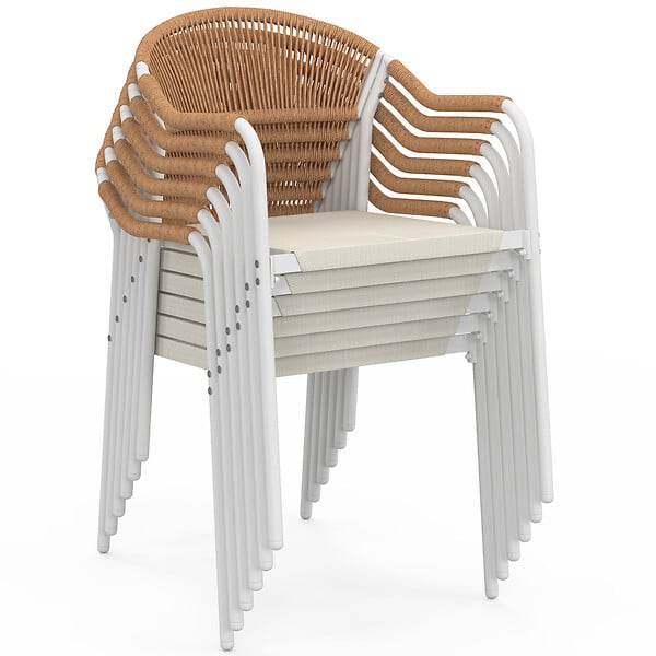ID MARKET - Lot de 6 chaises de jardin MADEIRA métal blanc cordage et textilène beige et rotin clair - large