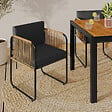 ID MARKET - Lot de 4 chaises de jardin RIO structure métal noir, cordage effet rotin clair et coussins noirs - vignette