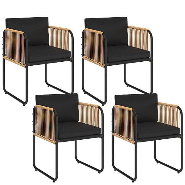 ID MARKET - Lot de 4 chaises de jardin RIO structure métal noir, cordage effet rotin clair et coussins noirs - large