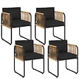 ID MARKET - Lot de 4 chaises de jardin RIO structure métal noir, cordage effet rotin clair et coussins noirs - vignette