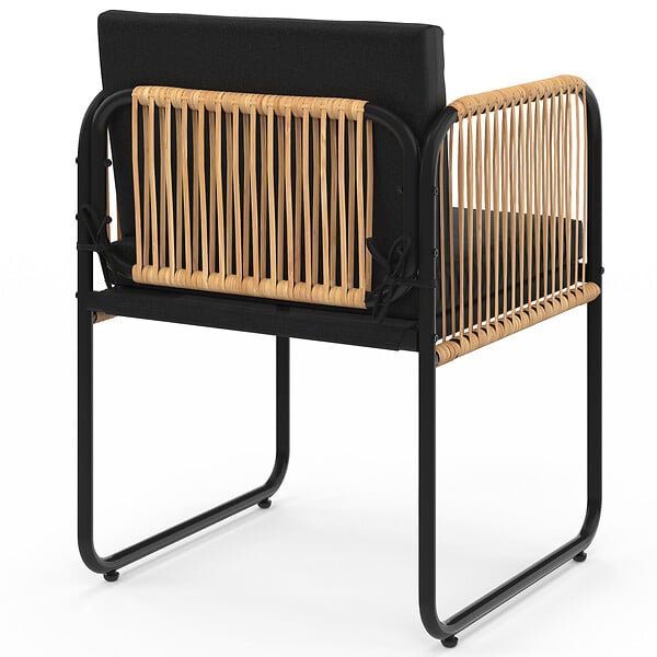 ID MARKET - Lot de 4 chaises de jardin RIO structure métal noir, cordage effet rotin clair et coussins noirs - large