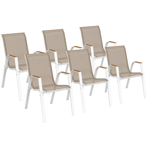 ID MARKET - Lot de 6 chaises de jardin NOUMEA métal et textilène empilables blanc et bois - large