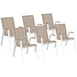 ID MARKET - Lot de 6 chaises de jardin NOUMEA métal et textilène empilables blanc et bois - vignette