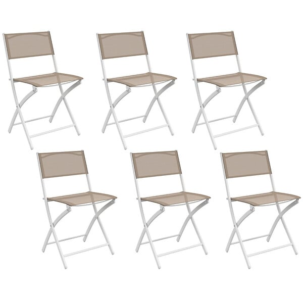 ID MARKET - Lot de 6 chaises de jardin pliantes BASTIA métal et textilène blanc et beige taupe - large