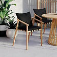 ID MARKET - Lot de 4 chaises de jardin MALTA structure en métal effet bois, lanières et coussins noirs - vignette
