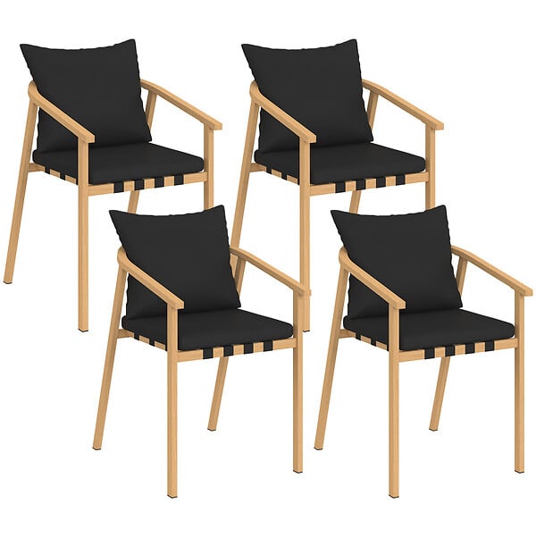 ID MARKET - Lot de 4 chaises de jardin MALTA structure en métal effet bois, lanières et coussins noirs - large