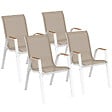 ID MARKET - Lot de 4 chaises de jardin NOUMEA métal et textilène empilables blanc et bois - vignette
