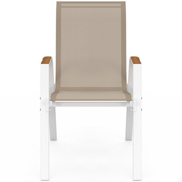 ID MARKET - Lot de 4 chaises de jardin NOUMEA métal et textilène empilables blanc et bois - large