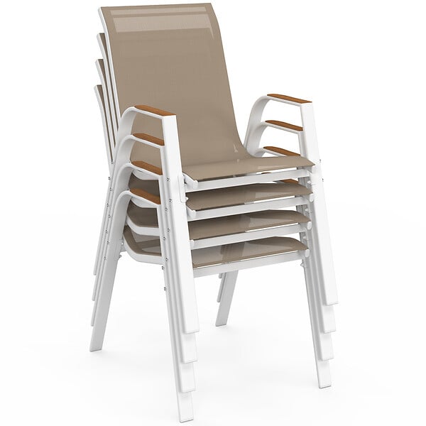 ID MARKET - Lot de 4 chaises de jardin NOUMEA métal et textilène empilables blanc et bois - large