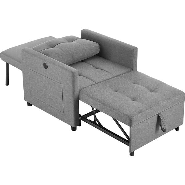 TECTAKE - Fauteuil lit 3 en 1 dossier réglable en 6 positions gris 82 x 80 x 86 cm capacité 150 kg avec station de recharge usb - large