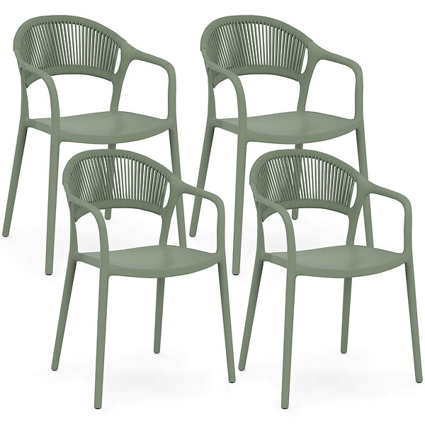 ID MARKET - Lot de 4 chaises de jardin empilables ODELIA en polypropylène et cordage vert - large