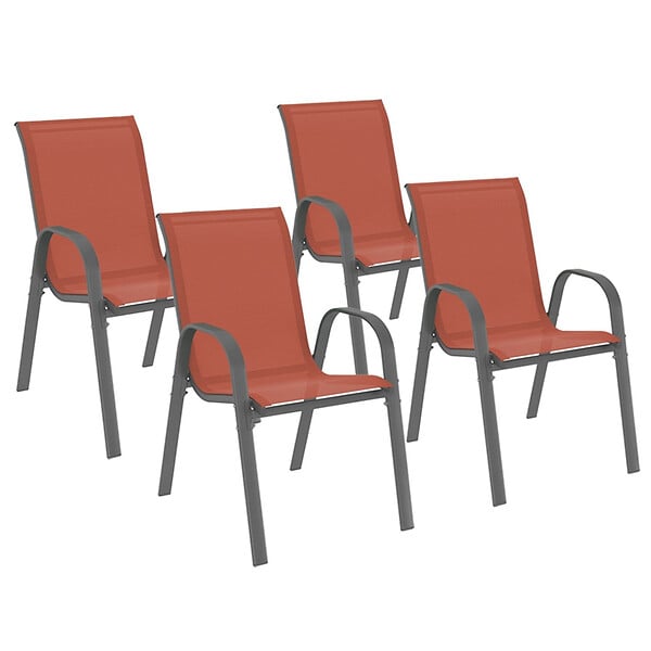 ID MARKET - Lot de 4 chaises de jardin LYMA métal et textilène empilables terracotta et gris - large