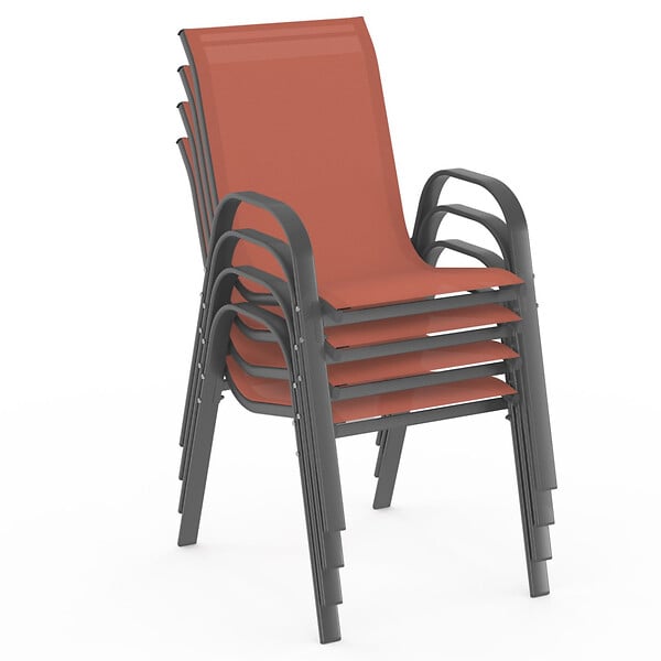 ID MARKET - Lot de 4 chaises de jardin LYMA métal et textilène empilables terracotta et gris - large
