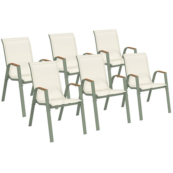ID MARKET - Lot de 6 chaises de jardin NOUMEA métal et textilène empilables vert et bois - large