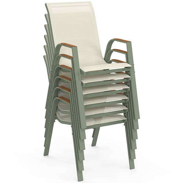 ID MARKET - Lot de 6 chaises de jardin NOUMEA métal et textilène empilables vert et bois - large