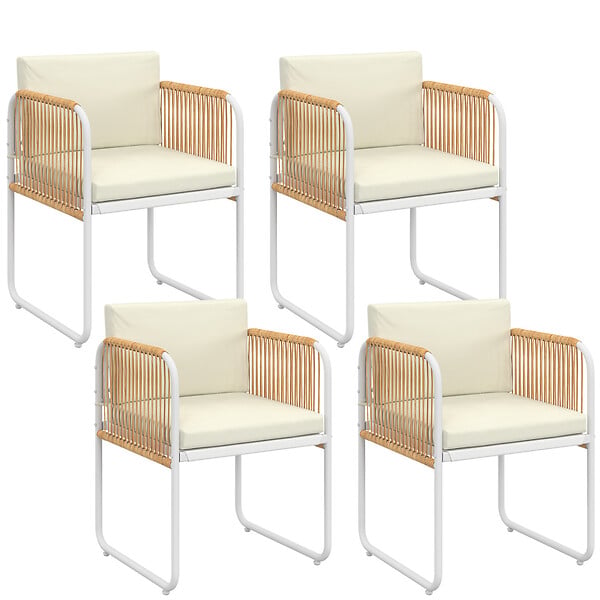 ID MARKET - Lot de 4 chaises RIO structure métal blanc, cordage effet rotin clair et coussins beiges - large