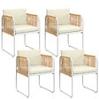 ID MARKET - Lot de 4 chaises RIO structure métal blanc, cordage effet rotin clair et coussins beiges - vignette