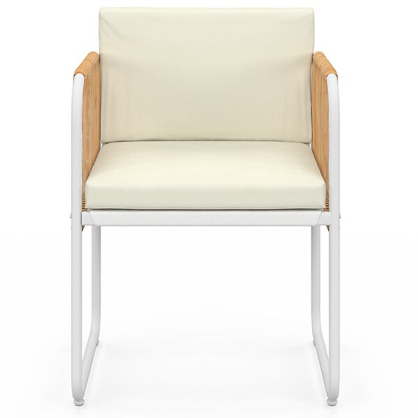ID MARKET - Lot de 4 chaises RIO structure métal blanc, cordage effet rotin clair et coussins beiges - large