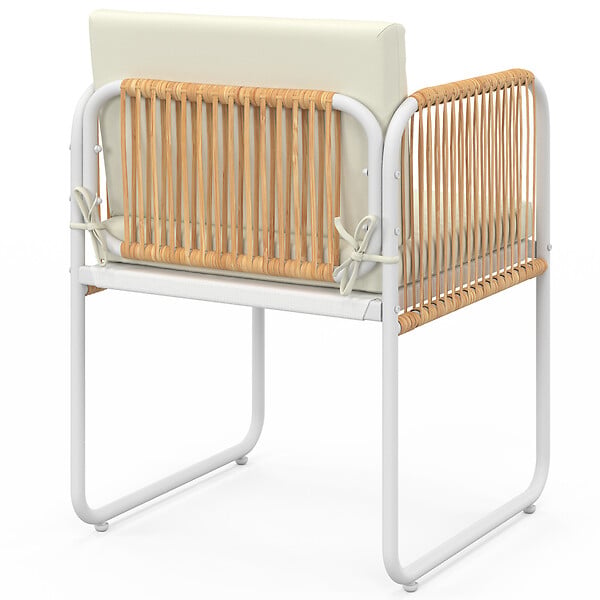 ID MARKET - Lot de 4 chaises RIO structure métal blanc, cordage effet rotin clair et coussins beiges - large