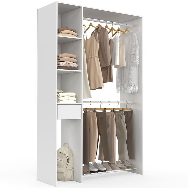 ID MARKET - Dressing double penderie L. 110 cm MIRTY avec étagères + tiroir + rangements à chaussures blanc - large