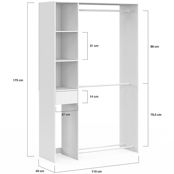 ID MARKET - Dressing double penderie L. 110 cm MIRTY avec étagères + tiroir + rangements à chaussures blanc - large