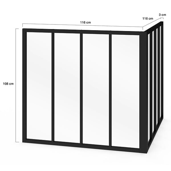 ID MARKET - Verrière d'angle atelier 8 vitrages L. 116 x l.116 x H.108 cm en métal noir et verre trempé - large