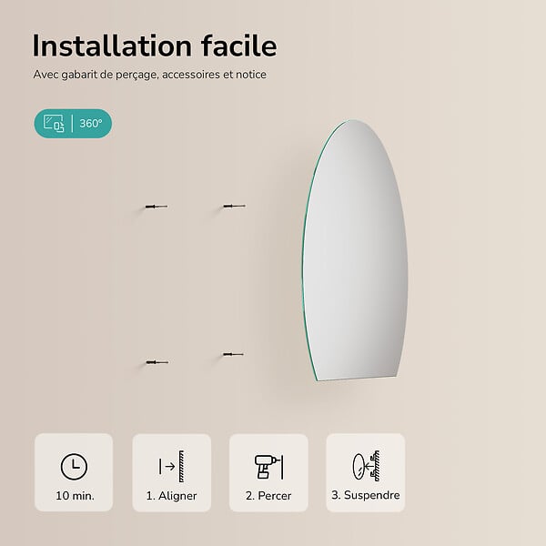 EMKE - EMKE Miroir de Salle de Bain Asymétrique 70x62 cm, Miroir Mural Irrégulier Sans Cadre, Pose Horizontale ou Verticale - large
