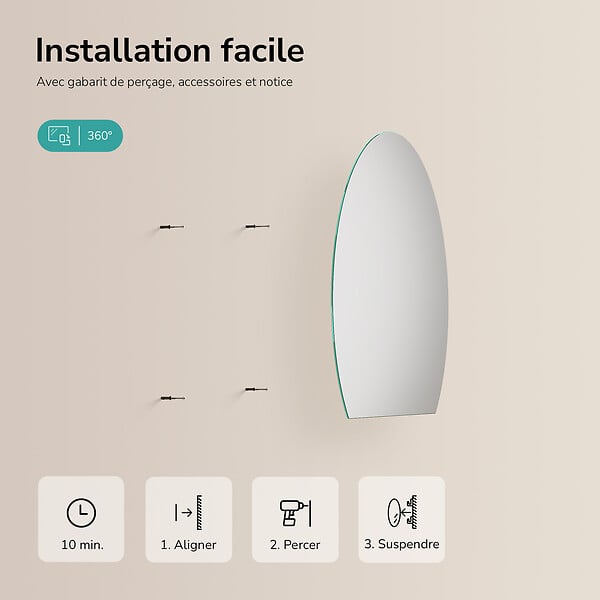 EMKE - EMKE Miroir de Salle de Bain Asymétrique 100x83 cm, Miroir Mural Irrégulier Sans Cadre, Pose Horizontale ou Verticale - large