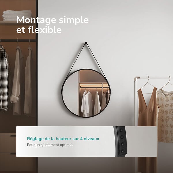 EMKE - EMKE Miroir Rond Salle de Bain 50 cm avec Cadre Noir Mat et Lanière Réglable - large