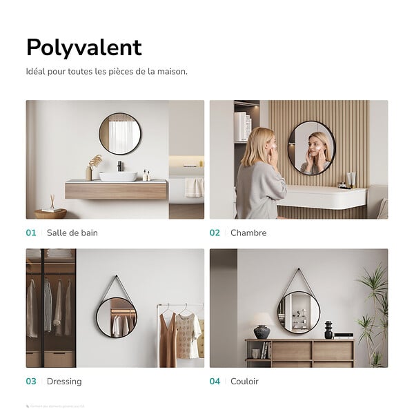 EMKE - EMKE Miroir Rond Salle de Bain 50 cm avec Cadre Noir Mat et Lanière Réglable - large
