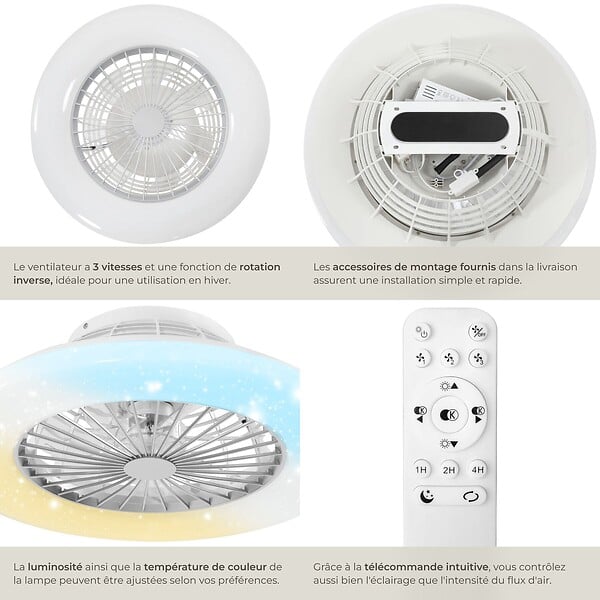 TECTAKE - Plafonnier led avec ventilateur intégré blanc ø 50 cm 3 000 6500 k 3 vitesses discret à intensité variable - large