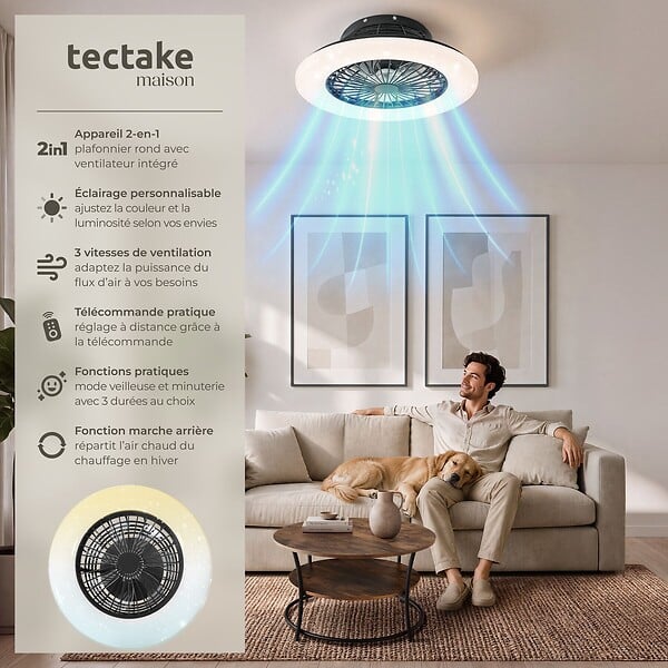 TECTAKE - Plafonnier led avec ventilateur intégré noir à intensité variable 50 cm 3000-6500 k 3 vitesses discrètement - large