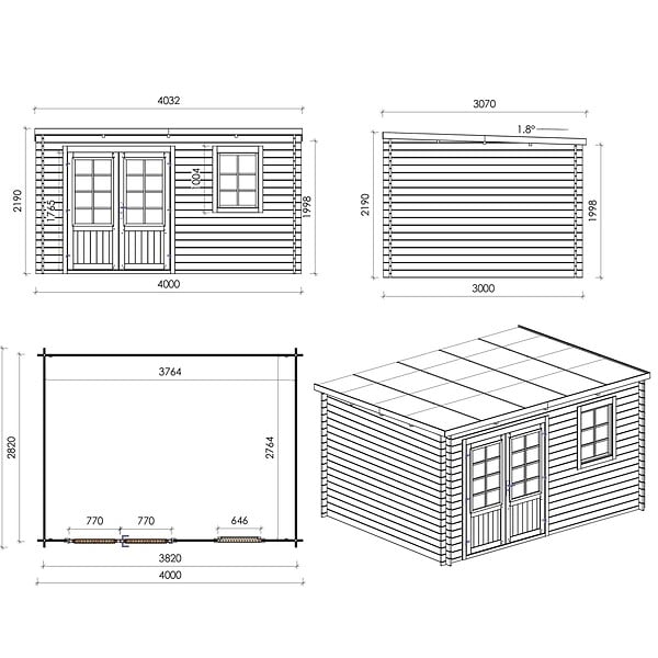 ALTANKA - Abri de jardin en bois - 12m2 - 4x3m - Traité - Ep. 28mm - Couleur: vert - DOM381 - large