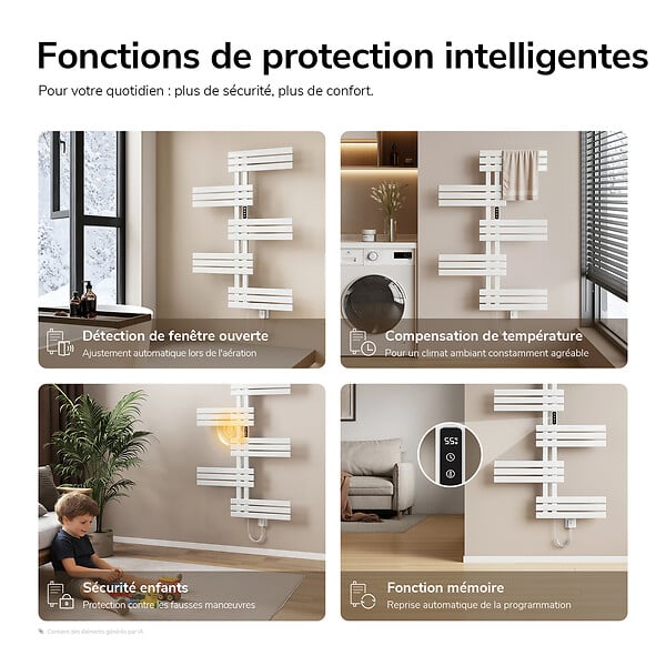 EMKE - EMKE Sèche-serviettes électrique 117,5 x 80 cm 400 W, connecté WiFi TUYA Alexa, tubes plats, chauffage fibre de carbone, blanc - large