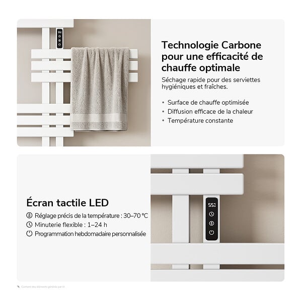 EMKE - EMKE Sèche-serviettes électrique 117,5 x 80 cm 400 W, connecté WiFi TUYA Alexa, tubes plats, chauffage fibre de carbone, blanc - large