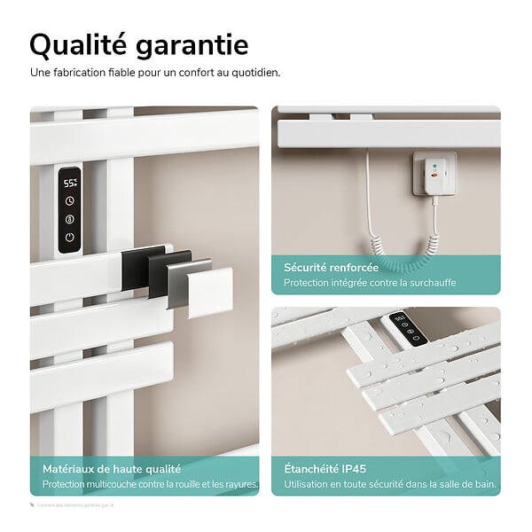 EMKE - EMKE Sèche-serviettes électrique 117,5 x 80 cm 400 W, connecté WiFi TUYA Alexa, tubes plats, chauffage fibre de carbone, blanc - large