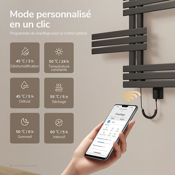 EMKE - EMKE Sèche-serviettes électrique 117,5 x 80 cm 400 W, connecté WiFi TUYA Alexa, tubes plats, chauffage fibre de carbone, gris - large