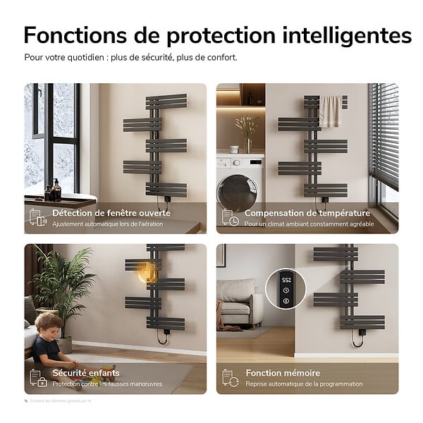 EMKE - EMKE Sèche-serviettes électrique 117,5 x 80 cm 400 W, connecté WiFi TUYA Alexa, tubes plats, chauffage fibre de carbone, gris - large