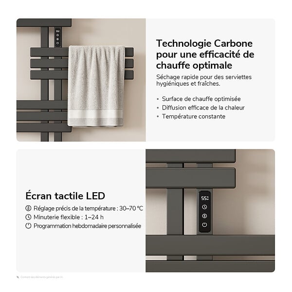 EMKE - EMKE Sèche-serviettes électrique 117,5 x 80 cm 400 W, connecté WiFi TUYA Alexa, tubes plats, chauffage fibre de carbone, gris - large