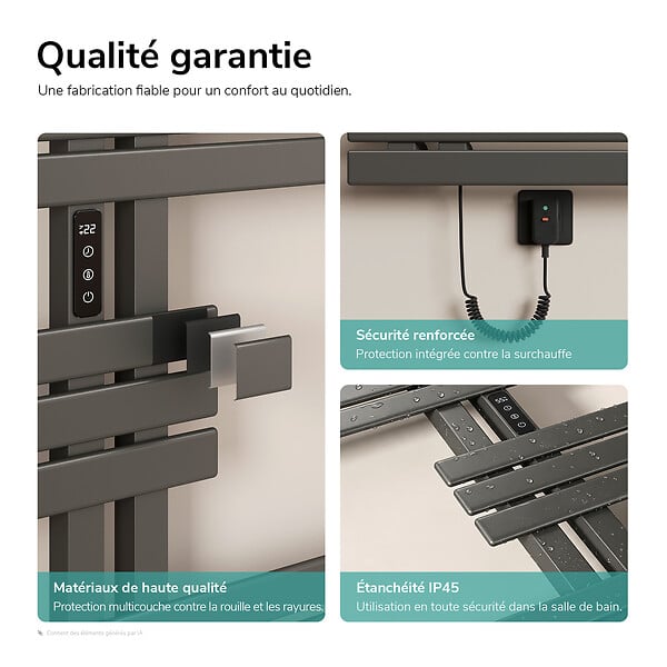 EMKE - EMKE Sèche-serviettes électrique 117,5 x 80 cm 400 W, connecté WiFi TUYA Alexa, tubes plats, chauffage fibre de carbone, gris - large