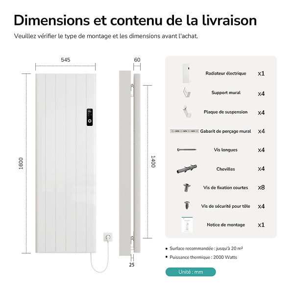 EMKE - EMKE Radiateur Électrique à Convection 2000W, Panneau Chauffant Mural en Aluminium 160x54,5cm, Thermostat WiFi, Blanc Brillant - large