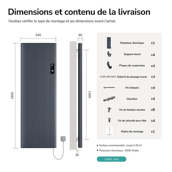 EMKE - EMKE Radiateur Électrique à Convection 2000W, Panneau Chauffant Mural en Aluminium 160x54,5cm, Thermostat WiFi, Anthracite - large