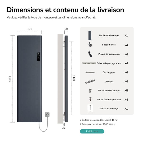 EMKE - EMKE Radiateur Électrique à Convection 1500W, Panneau Chauffant Mural en Aluminium 160x45,4cm, Thermostat WiFi, Anthracite - large