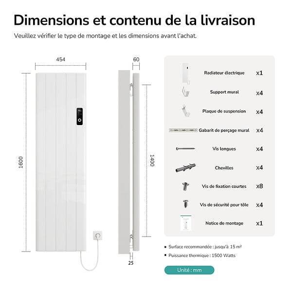 EMKE - EMKE Radiateur Électrique à Convection 1500W, Panneau Chauffant Mural en Aluminium 160x45,4cm, Thermostat WiFi, Blanc Brillant - large