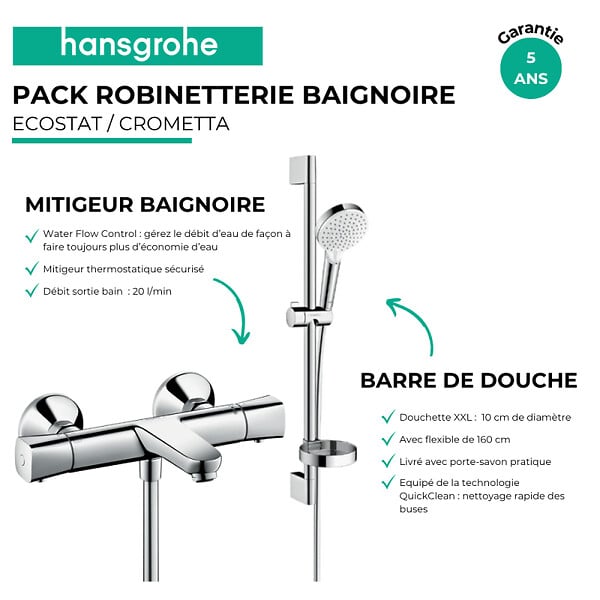 HANSGROHE - Pack mitigeur baignoire thermostatique Ecostat Universal chromé + Ensemble de douche Crometta 2 jets blanc/chromé - large